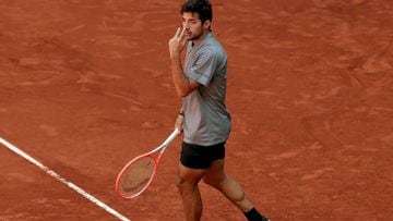 MADRID, SPAIN - MAY 06: Cristian Garin of Chile gestures during his third round match against Daniil Medvedev of Russia during day eight of the Mutua Madrid Open at La Caja Magica on May 06, 2021 in Madrid, Spain. (Photo by Gonzalo Arroyo Moreno/Getty Images)