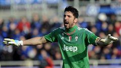 Gianluigi Buffon reacts to action at the other end of the pitch