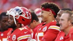 KANSAS CITY, MISSOURI - SEPTEMBER 07: Patrick Mahomes #15 of the Kansas City Chiefs looks on during pre-game ceremonies for their game against the Detroit Lions at GEHA Field at Arrowhead Stadium on September 07, 2023 in Kansas City, Missouri.   Jamie Squire/Getty Images/AFP (Photo by JAMIE SQUIRE / GETTY IMAGES NORTH AMERICA / Getty Images via AFP)