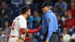 PHILADELPHIA, PA - APRIL 24: Kyle Schwarber #12 of the Philadelphia Phillies argues with home plate umpire Angel Hernandez after being called out on strikes during the ninth inning against the Milwaukee Brewers at Citizens Bank Park on April 24, 2022 in Philadelphia, Pennsylvania. The Brewers defeated the Phillies 1-0.   Rich Schultz/Getty Images/AFP
== FOR NEWSPAPERS, INTERNET, TELCOS & TELEVISION USE ONLY ==