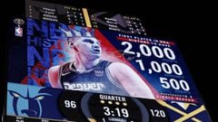 Apr 7, 2022; Denver, Colorado, USA; The scoreboard displays the stat line for Denver Nuggets center Nikola Jokic (15) after he scored in the fourth quarter against the Memphis Grizzlies at Ball Arena. Mandatory Credit: Isaiah J. Downing-USA TODAY Sports
