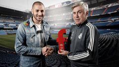 El delantero franc&eacute;s del Real Madrid, Karim Benzema, con el t&eacute;cnico italiano, Carlo Ancelotti.