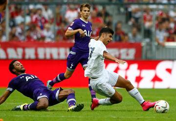 Asensio fichó por el Real Madrid en verano de 2015 procedente del Mallorca. Aquel estío hizo la pretemporada con el equipo antes de marcharse cedido al Espanyol. Sus primeros minutos de blanco se dieron en un amistoso contra el Tottenham en Múnich.