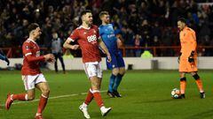 Nottingham Forest&#039;s English striker Ben Brereton (C) celebrates scoring a penalty and the team&#039;s third goal past Arsenal&#039;s Colombian goalkeeper David Ospina (R) during the English FA Cup third round football match between Nottingham Forest 
