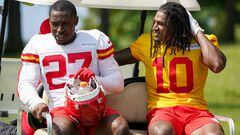 Kansas City Chiefs safety Chamarri Conner (27) and running back Isiah Pacheco (10)