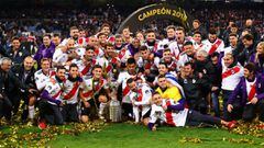 MADRID, SPAIN - DECEMBER 09: The River Plate team celebrate their win after the second leg of the final match of Copa CONMEBOL Libertadores 2018 between Boca Juniors and River Plate at Estadio Santiago Bernabeu on December 9, 2018 in Madrid, Spain. Due to