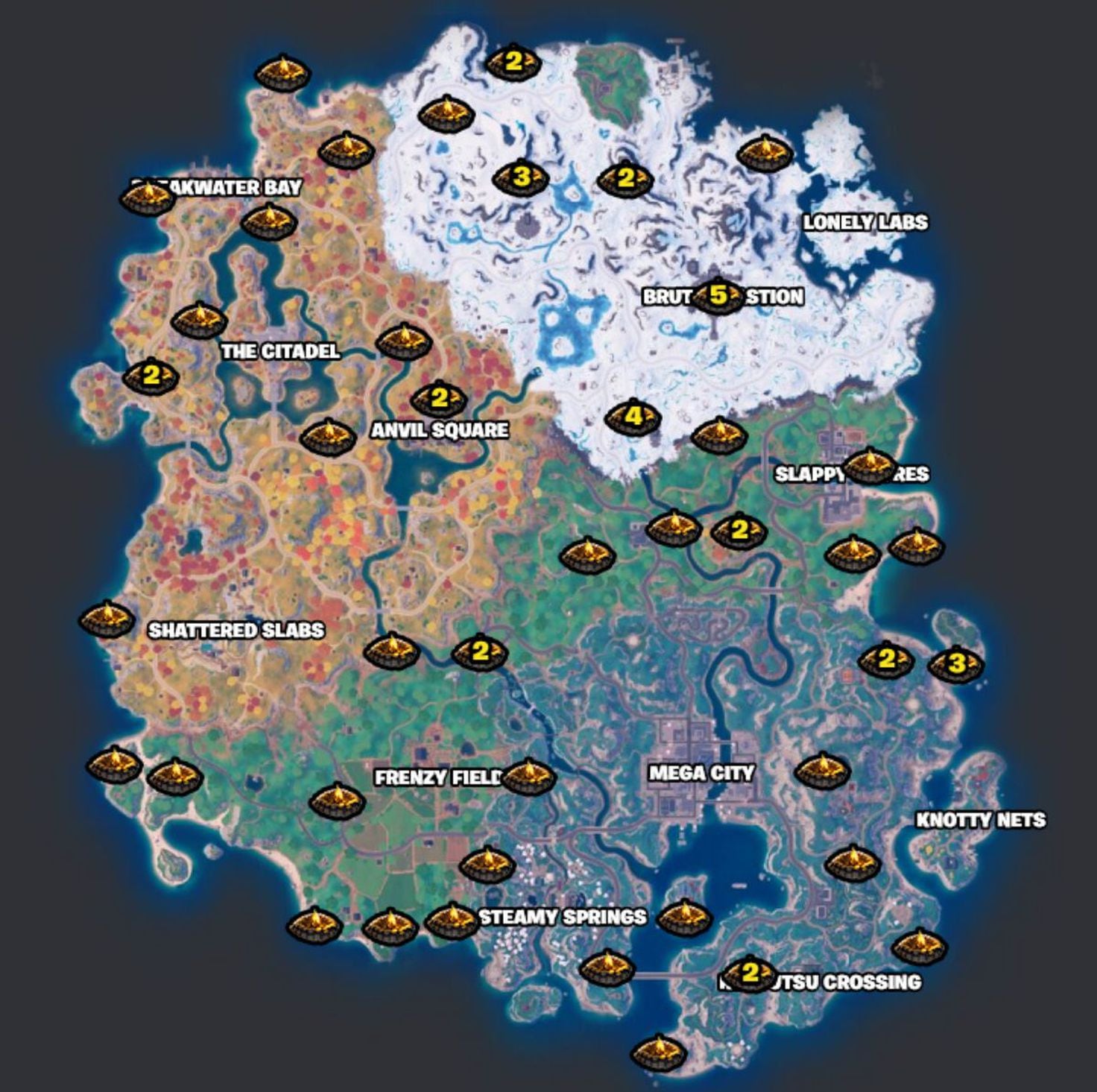 All campfire locations in Fortnite chapter 4 season 2 map and where
