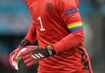 Germany's Manuel Neuer wears a rainbow-colored captain's armband
