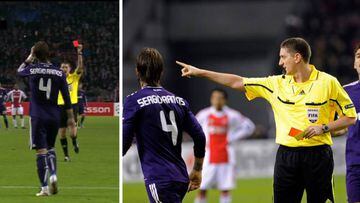 El árbitro se da cuenta de que Sergio Ramos está perdiendo tiempo y expulsa al jugador del Real Madrid.