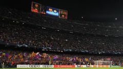 FC Barcelona flags on the stands during the UEFA Champions League match, group C between FC Barcelona and Inter Milan played at Spotify Camp Nou Stadium on October 12, 2022 in Barcelona, Spain. (Photo by Colas Buera / Pressinphoto / Icon Sport)
