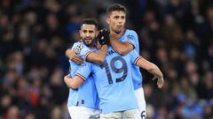 MANCHESTER, ENGLAND - NOVEMBER 02: Riyad Mahrez of Manchester City celebrates their third goal with Julian Alvarez and Rodri of Manchester City during the UEFA Champions League group G match between Manchester City and Sevilla FC at Etihad Stadium on November 2, 2022 in Manchester, United Kingdom. (Photo by Simon Stacpoole/Offside/Offside via Getty Images)