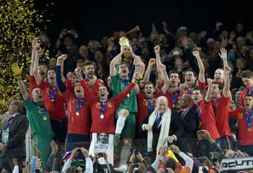 Casillas lifts the World Cup after Spain's 2010 triumph in South Africa.