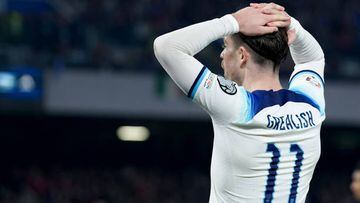 Jack Grealish of England looks dejected during the UEFA Euro 2024 Qualifiers match between Italy and England at Stadio Diego Armando Maradona on 23 March, 2023 in Naples, Italy. (Photo by Giuseppe Maffia/NurPhoto via Getty Images)