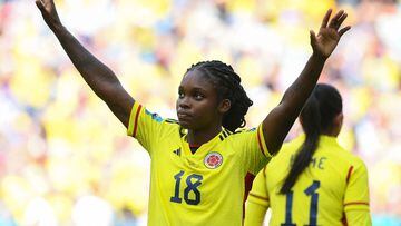 Colombia's forward #18 Linda Caicedo celebrates scoring her team's second goal during the Australia and New Zealand 2023 Women's World Cup Group H football match between Colombia and South Korea at Sydney Football Stadium in Sydney on July 25, 2023. (Photo by FRANCK FIFE / AFP)