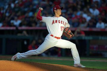 Jul 6, 2021; Anaheim, California, USA; Los Angeles Angels starting pitcher Shohei Ohtani (17) delivers a pitch in the second inning at bat at Angel Stadium. Mandatory Credit: Kirby Lee-USA TODAY Sports