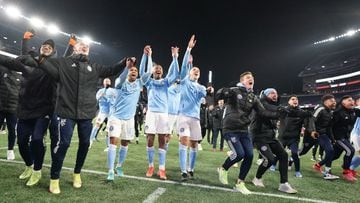 Nov 30, 2021; Foxborough, Massachusetts, USA; New York City celebrate the victory against New England Revolution following the shootout in the conference semifinals of the 2021 MLS playoffs at Gillette Stadium. Mandatory Credit: David Butler II-USA TODAY 
