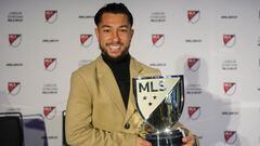 Nov 27, 2023; Cincinnati, OH, USA;  FC Cincinnati’s Luciano Acosta poses for a photo with the Landon Donovan MLS MVP award during a press conference at TQL Stadium. Mandatory Credit: Aaron Doster-USA TODAY Sports
