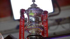 The FA Cup trophy is seen in the TV studio ahead of the English FA Cup third round football match between Arsenal and Newcastle United at the Emirates Stadium in London on January 9, 2021.