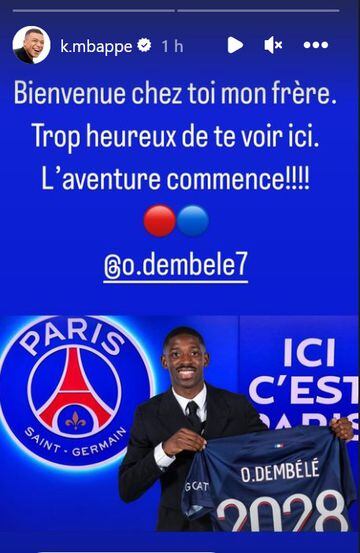 El stories de Mbappé dando la bienvenida a Dembélé
