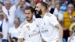 Eden Hazard y Karim Benzema celebran un gol en un partido de Liga esta temporada.