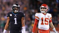 FILE PHOTO (EDITOR'S NOTE: COMPOSITE OF IMAGES - Image numbers 1445115801, 1195611619 - GRADIENT ADDED) In this composite image a comparison has been made between quarterback Jalen Hurts #1 of the Philadelphia Eagles (L) and quarterback Patrick Mahomes #15 of the Kansas City Chiefs (R). They will meet in Super Bowl LVII on February 12,2023 at State Farm Stadium in Glendale, Arizona. ***LEFT IMAGE PHILADELPHIA, PA - NOVEMBER 27: Jalen Hurts #1 of the Philadelphia Eagles looks on against the Green Bay Packers at Lincoln Financial Field on November 27, 2022 in Philadelphia, Pennsylvania.   Mitchell Leff/Getty Images/AFP ***RIGHT IMAGE CHICAGO, ILLINOIS - DECEMBER 22: Patrick Mahomes #15 of the Kansas City Chiefs walks across the field in the third quarter against the Chicago Bears at Soldier Field on December 22, 2019 in Chicago, Illinois. (Photo by Dylan Buell/Getty Images) (Photo by GETTY IMAGES / GETTY IMAGES NORTH AMERICA / Getty Images via AFP)