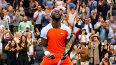 Frances Tiafoe reacts after beating Andrey Rublev on day ten of the 2022 US Open.
