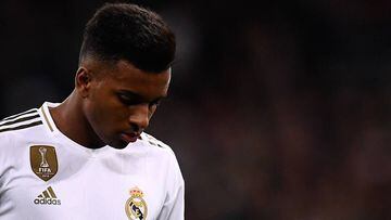Real Madrid&#039;s Brazilian forward Rodrygo react during the Spanish League football match between Real Madrid CF and Real Betis at the Santiago Bernabeu stadium in Madrid, on November 2, 2019. (Photo by OSCAR DEL POZO / AFP)