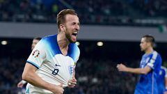 Harry Kane of England celebrates after scoring second goal during the UEFA Euro 2024 Qualifiers match between Italy and England at Stadio Diego Armando Maradona on 23 March, 2023 in Naples, Italy. (Photo by Giuseppe Maffia/NurPhoto via Getty Images)