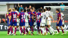 Jul 29, 2023; Arlington, Texas, USA;  FC Barcelona and Real Madrid players scuffle during the match at AT&T Stadium. Mandatory Credit: Kevin Jairaj-USA TODAY Sports