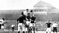 England play Scotland at football, at Bramall Lane, Sheffield, in 1903. Vivian Woodward for England heads the ball towards goal. Scotland won 2-1.   (Photo by PA Images via Getty Images)