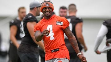 BEREA, OH - JULY 27: Deshaun Watson #4 of the Cleveland Browns laughs during Cleveland Browns training camp at CrossCountry Mortgage Campus on July 27, 2022 in Berea, Ohio.   Nick Cammett/Getty Images/AFP
== FOR NEWSPAPERS, INTERNET, TELCOS & TELEVISION USE ONLY ==