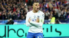 PARIS, FRANCE - MARCH 24: Kylian Mbappe of France celebrates his first goal during the UEFA EURO 2024 qualifying round group B match between France and Netherlands at Stade de France on March 24, 2023 in Saint-Denis near Paris, France. (Photo by Jean Catuffe/Getty Images)