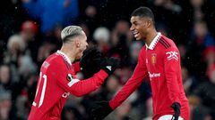 Manchester United's Antony (left) celebrates scoring his sides second goal with team mate Marcus Rashford during the UEFA Europa League round of 16, first leg match at Old Trafford, Manchester. Picture date: Thursday March 9, 2023. (Photo by Tim Goode/PA Images via Getty Images)