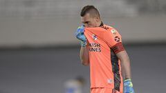 Goalkeeper Franco Armani of Argentina&#039;s River Plate reacts during a Copa Libertadores soccer match against Brazil&#039;s Fluminense in Buenos Aires, Argentina, Tuesday, May 25, 2021.(Juan Mabromata/Pool via AP)