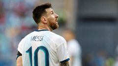 Soccer Football - Copa America Brazil 2019 - Group B - Qatar v Argentina - Arena Do Gremio, Porto Alegre, Brazil - June 23, 2019   Argentina&#039;s Lionel Messi reacts  REUTERS/Diego Vara