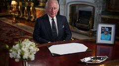 King Charles III delivers his address to the nation and the Commonwealth from Buckingham Palace, London, following the death of Queen Elizabeth II on Thursday. Picture date: Friday September 9, 2022. Yui Mok/Pool via REUTERS
