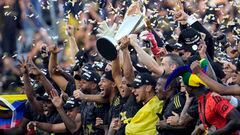 Nov 5, 2022; Los Angeles, CA, USA; Los Angeles FC players celebrate with the Philip F. Anschutz Trophy after defeating the Philadelphia Union in the 2022 MLS Cup championship game at Banc of California Stadium. Mandatory Credit: Robert Hanashiro-USA TODAY Sports