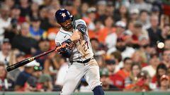 BOSTON, MASSACHUSETTS - AUGUST 28: Jose Altuve #27 of the Houston Astros hits a two-run RBI triple against the Boston Red Sox during the sixth inning at Fenway Park on August 28, 2023 in Boston, Massachusetts.   Brian Fluharty/Getty Images/AFP (Photo by Brian Fluharty / GETTY IMAGES NORTH AMERICA / Getty Images via AFP)