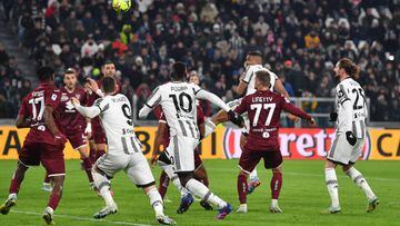 TURIN, ITALY - FEBRUARY 28: Bremer of Juventus scores the team's third goal during the Serie A match between Juventus and Torino FC at Allianz Stadium on February 28, 2023 in Turin, Italy. (Photo by Valerio Pennicino/Getty Images)