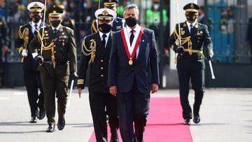LIMA, PERU - NOVEMBER 17: Newly appointed interim President Francisco Sagasti is escorted by a military guard as he arrives at Congress for a ceremony to take oath on November 17, 2020 in Lima, Peru. Lawmakers chose Sagasti to become interim president until the next presidential elections scheduled for July 28th, 2021. He is the third president in a week after the Congress removed Martin Vizcarra and protests forced the resignation of interim Manuel Merino on Sunday. (Photo by Hugo Curotto/Getty Images)
