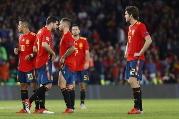 Spain's players react after the UEFA Nations League soccer match between Spain and England at Benito Villamarin stadium, in Seville, Spain, Monday, Oct. 15, 2018. England won 3-2. (AP Photo/Miguel Morenatti)