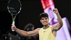 Spain's Carlos Alcaraz celebrates after victory against Serbia's Miomir Kecmanovic during their men's singles match on day nine of the Australian Open tennis tournament in Melbourne on January 22, 2024. (Photo by Paul Crock / AFP) / -- IMAGE RESTRICTED TO EDITORIAL USE - STRICTLY NO COMMERCIAL USE --