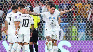 28 November 2022, Qatar, Lusail: Soccer, Qatar 2022 World Cup, Portugal - Uruguay, Preliminary Round, Group H, Matchday 2, Lusail Stadium, Uruguay's José Maria Giménez reacts after being awarded a penalty. Photo: Tom Weller/dpa (Photo by Tom Weller/picture alliance via Getty Images)