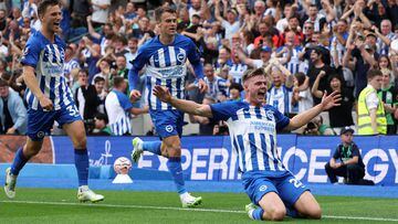 Soccer Football - Premier League - Brighton & Hove Albion v Newcastle United - The American Express Community Stadium, Brighton, Britain - September 2, 2023 Brighton & Hove Albion's Evan Ferguson celebrates scoring their first goal with Solly March and Joel Veltman REUTERS/Ian Walton EDITORIAL USE ONLY. No use with unauthorized audio, video, data, fixture lists, club/league logos or 'live' services. Online in-match use limited to 75 images, no video emulation. No use in betting, games or single club /league/player publications.  Please contact your account representative for further details.     TPX IMAGES OF THE DAY