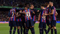 Barcelona's players celebrate a goal during the Spanish league football match between FC Barcelona and Real Betis at the Camp Nou stadium in Barcelona on April 29, 2023. (Photo by Josep LAGO / AFP)