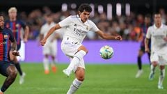 Jul 23, 2022; Las Vegas, Nevada, USA; Real Madrid defender Jesus Vallejo (5) looks to kick the ball during a game against Barcelona at Allegiant Stadium. Mandatory Credit: Stephen R. Sylvanie-USA TODAY Sports