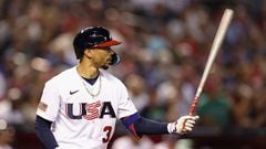 PHOENIX, ARIZONA - MARCH 11: Mookie Betts #3 of Team USA bats against Team Great Britain during the second inning of the World Baseball Classic Pool C game at Chase Field on March 11, 2023 in Phoenix, Arizona.   Christian Petersen/Getty Images/AFP (Photo by Christian Petersen / GETTY IMAGES NORTH AMERICA / Getty Images via AFP)