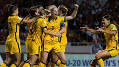 Australia midfielder Hana Lowry (3rd R) celebrates with teammates after scoring against Costa Rica during their Women's U-20 World Cup football match between Australia and Costa Rica at the National stadium in San Jose, Costa Rica, on August 10, 2022.