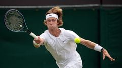 Russia's Andrey Rublev in action during a Wimbledon fourth round match against Hungary's Marton Fucsovics.