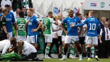 EDINBURGH, SCOTLAND - AUGUST 20: Alfredo Morelos is shown a red card for fouling Marijan Cabraja during a cinch Premiership match between Hibernian and Rangers at Easter Road, on August 20, 2022, in Edinburgh, Scotland. (Photo by Alan Harvey/SNS Group via Getty Images)